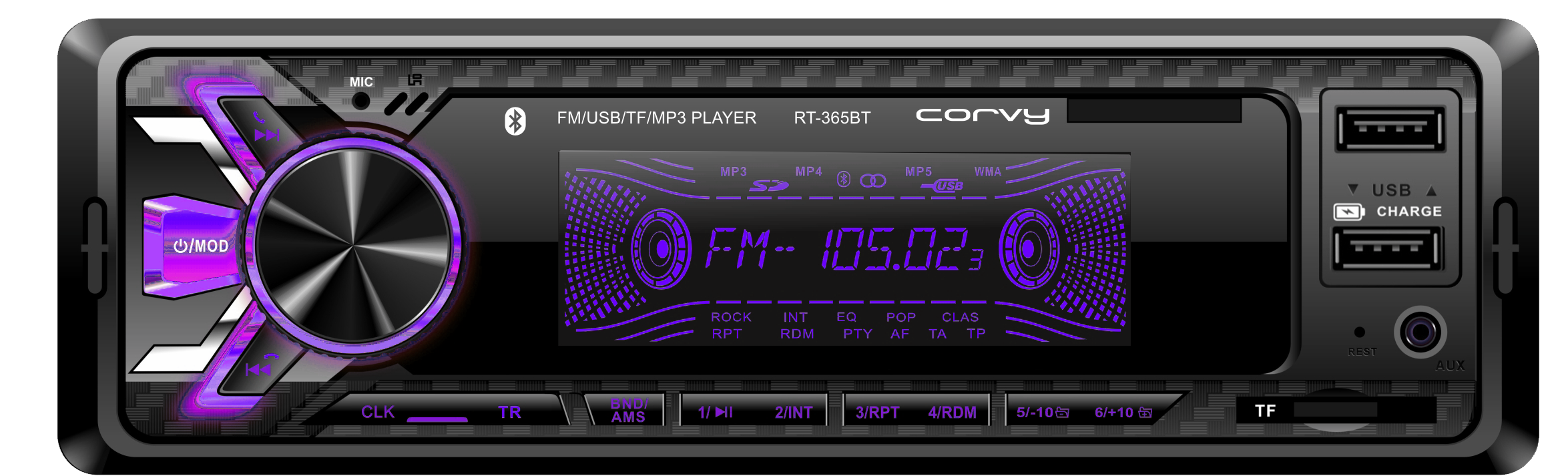 CORVY in-car electronics RT-365BT - Autoradio 1 din Corvy RT-365BT  USB-MP3-BT-RADIO 7 colores