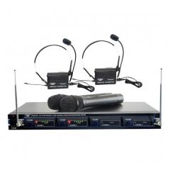 Sistema VHF 4 micrófonos inalambricos de mano y de petaca (solapa y diadema)  Pyle PDWM4300