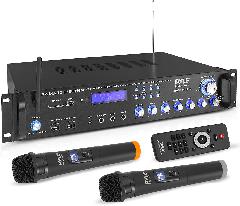Sistema de preamplificador estreo multicanal de audio profesional con (2) micrfonos inalmbricos VHF y lectores de MP3 / USB / Pyle PWMA3003BT